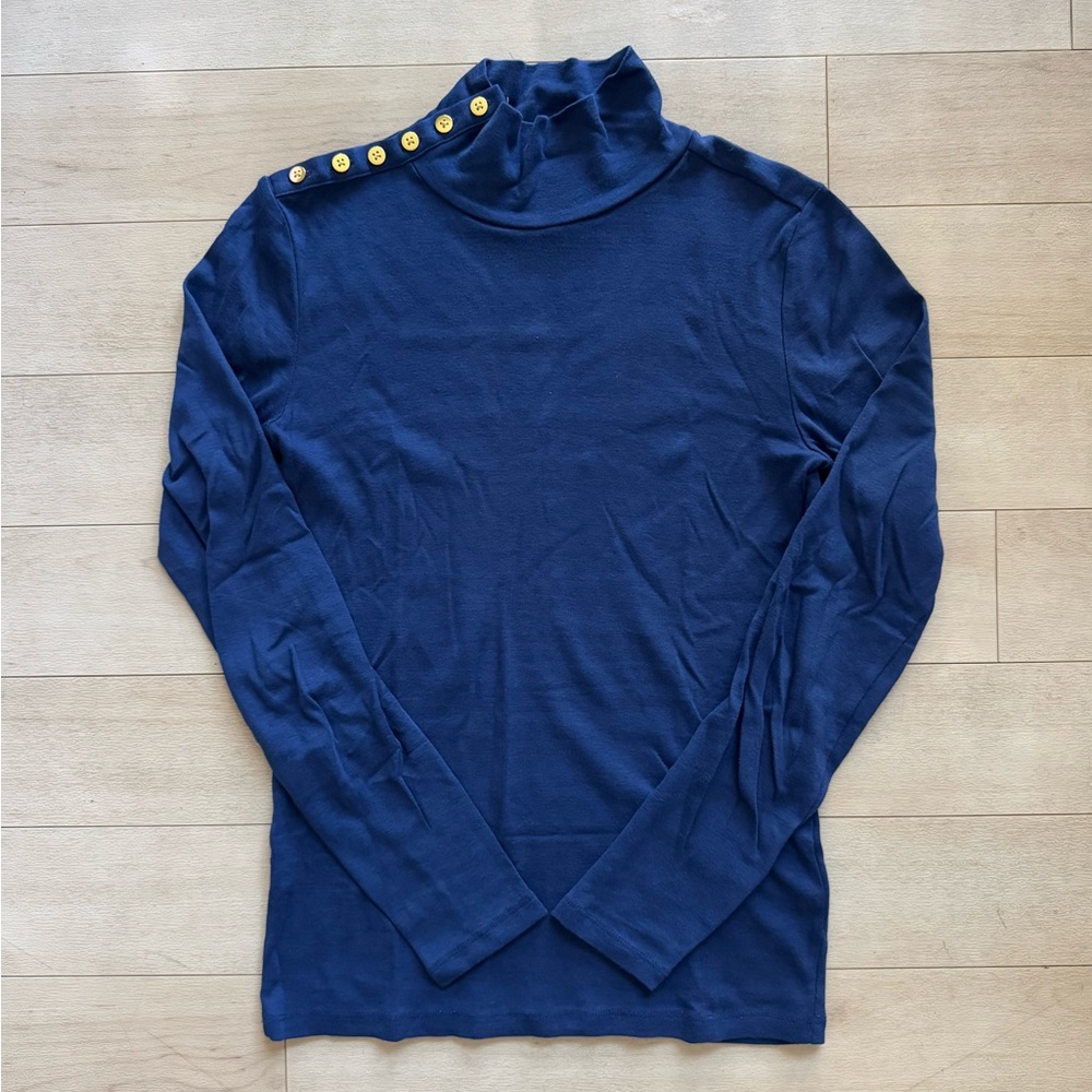 J. Crew Blue Long Sleeve Mockneck with Gold Accent Buttons